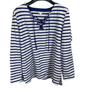 Northern Reflections Blue &‎ White Striped Lace-Up Cotton Top Size L
